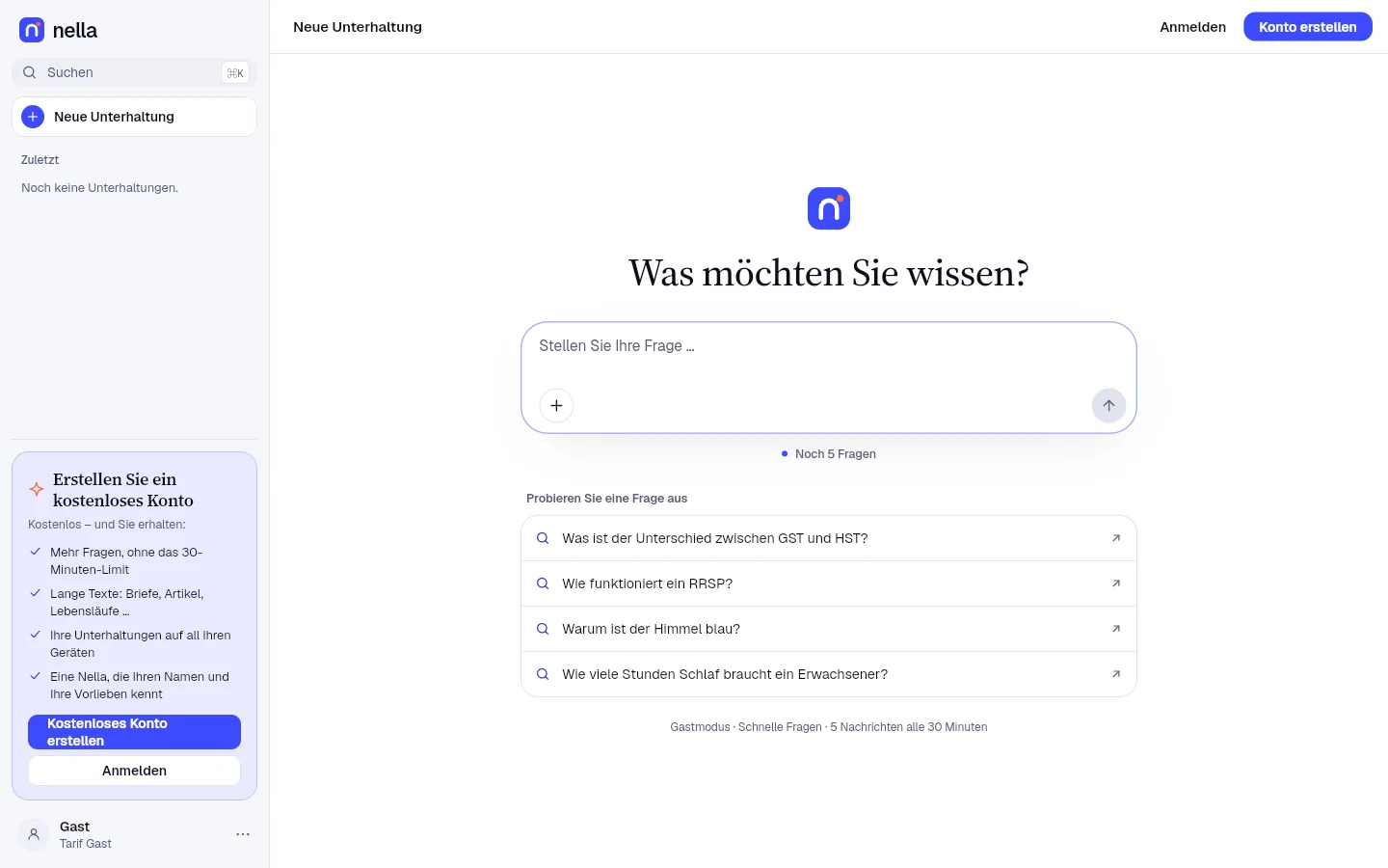 Nella für Linux: eine neue Unterhaltung, daneben die Liste der Unterhaltungen.