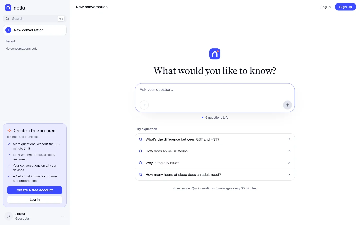 Nella for Linux: a new conversation, with the conversation list alongside.