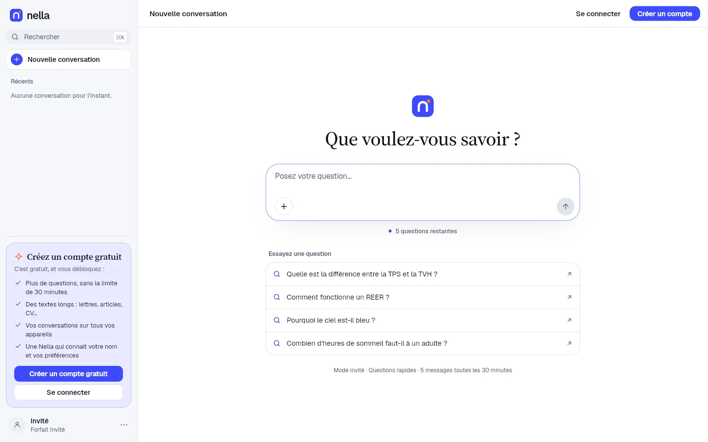 Nella pour Windows : une nouvelle conversation, avec la liste des conversations à côté.
