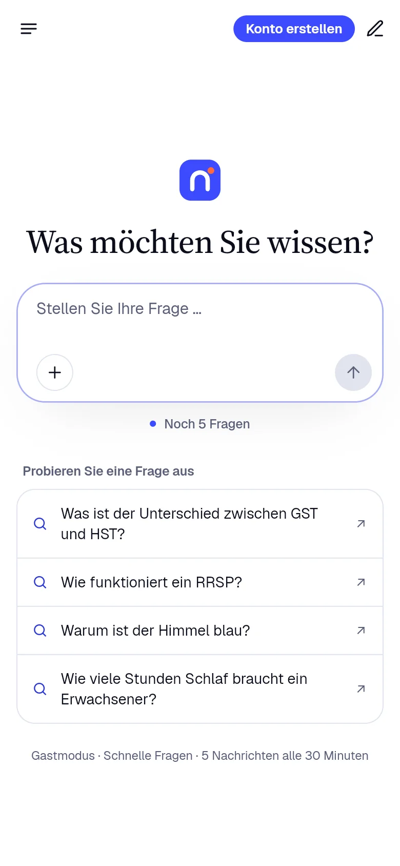 Nella für iPhone und iPad: der Startbildschirm, bereit für Ihre erste Frage.