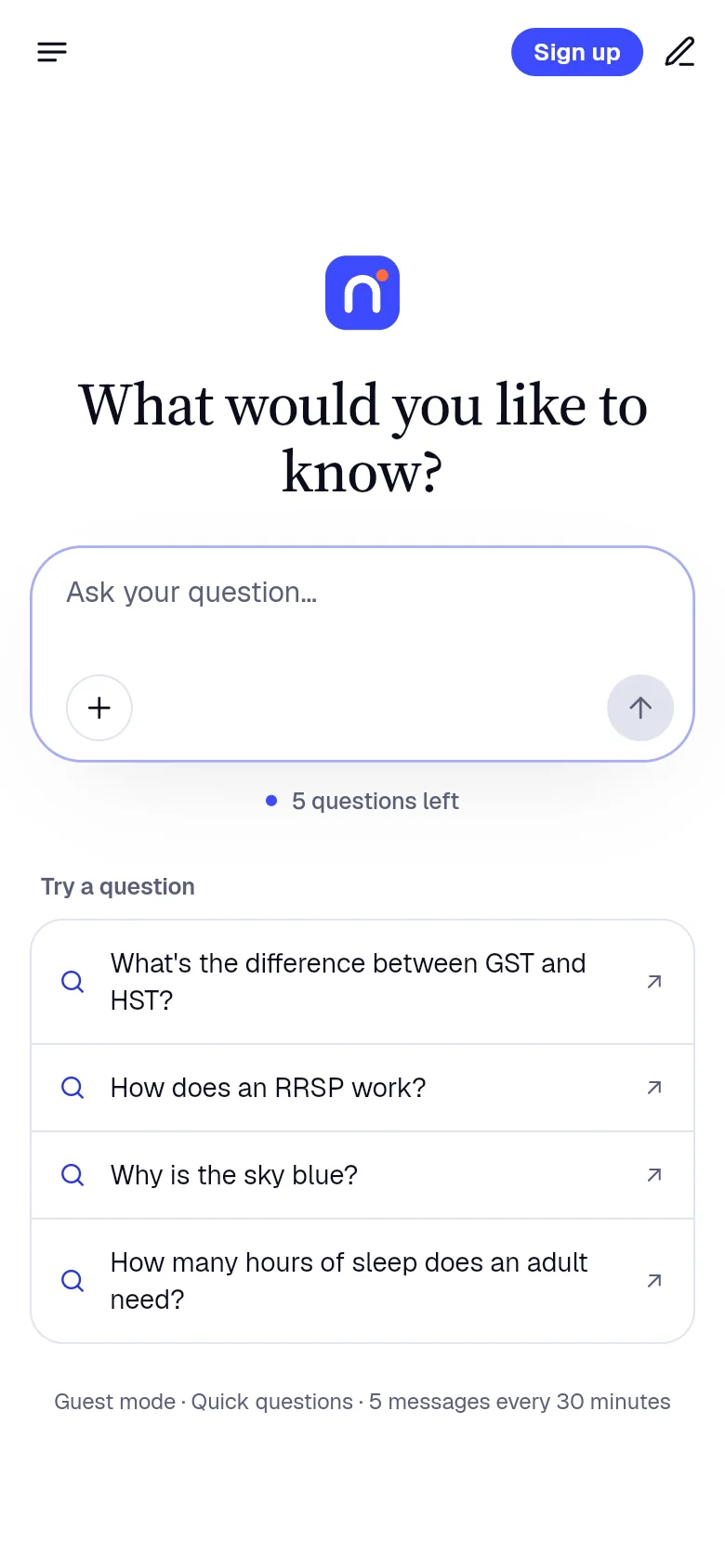Nella for Android: the home screen, ready for your first question.