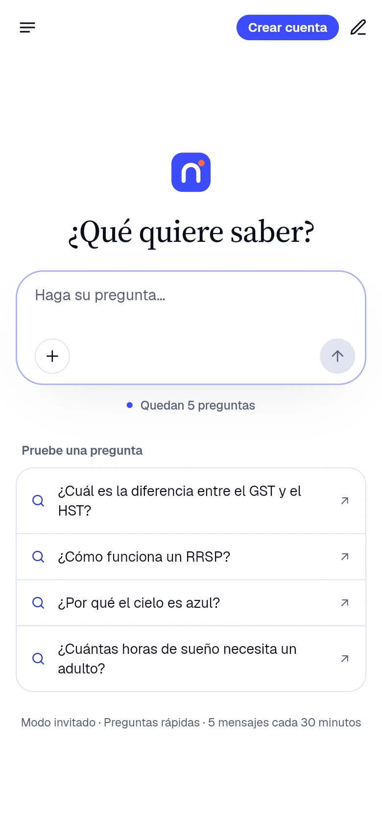 Nella en la web: la pantalla de inicio, lista para su primera pregunta.