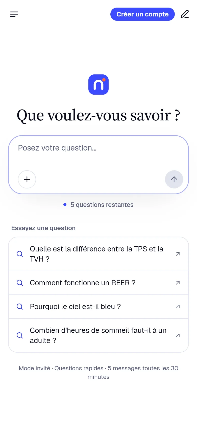 Nella pour iPhone et iPad : l’écran d’accueil, prêt pour votre première question.