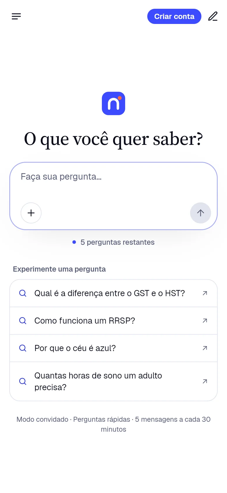 Nella na web: a tela inicial, pronta para a sua primeira pergunta.