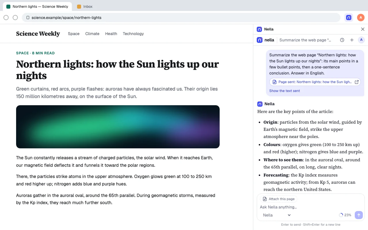 Nella for browsers: the Nella panel next to an article, with a summary of the page.