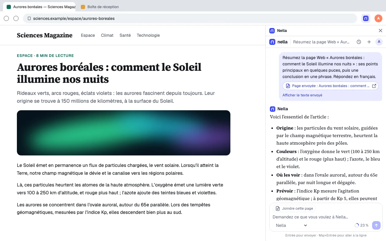 Nella pour les navigateurs : le panneau de Nella à côté d’un article, avec le résumé de la page.