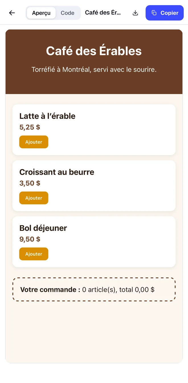 A Nella creation on a phone: a café website with its menu and cart, rendered live.