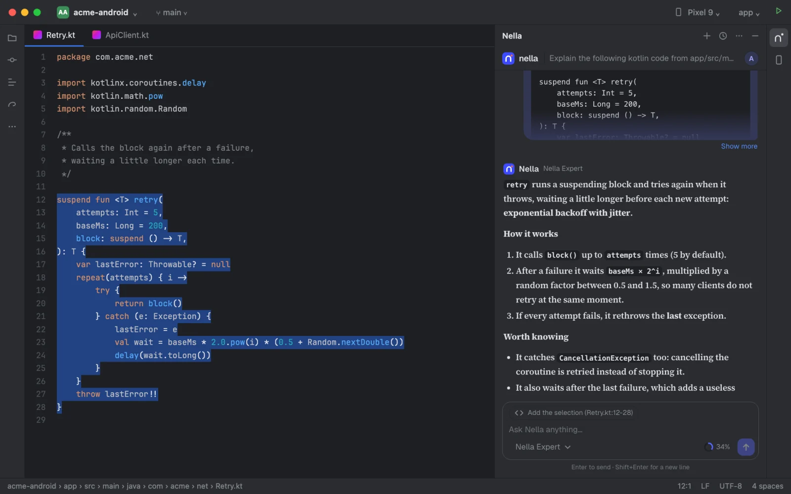 Nella for JetBrains IDEs: Nella explains the selected Kotlin code in its tool window in Android Studio.
