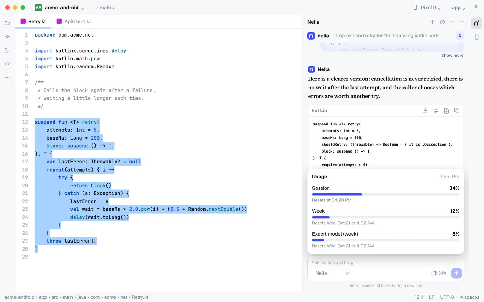 Code refactored by Nella, with the Insert, Replace, New file and Copy buttons.