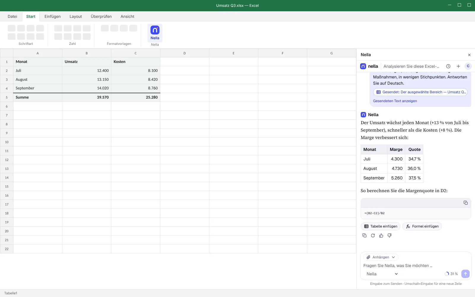 In Excel schlägt Nella eine Tabelle und eine Formel vor, mit den Schaltflächen „Tabelle einfügen“ und „Formel einfügen“.
