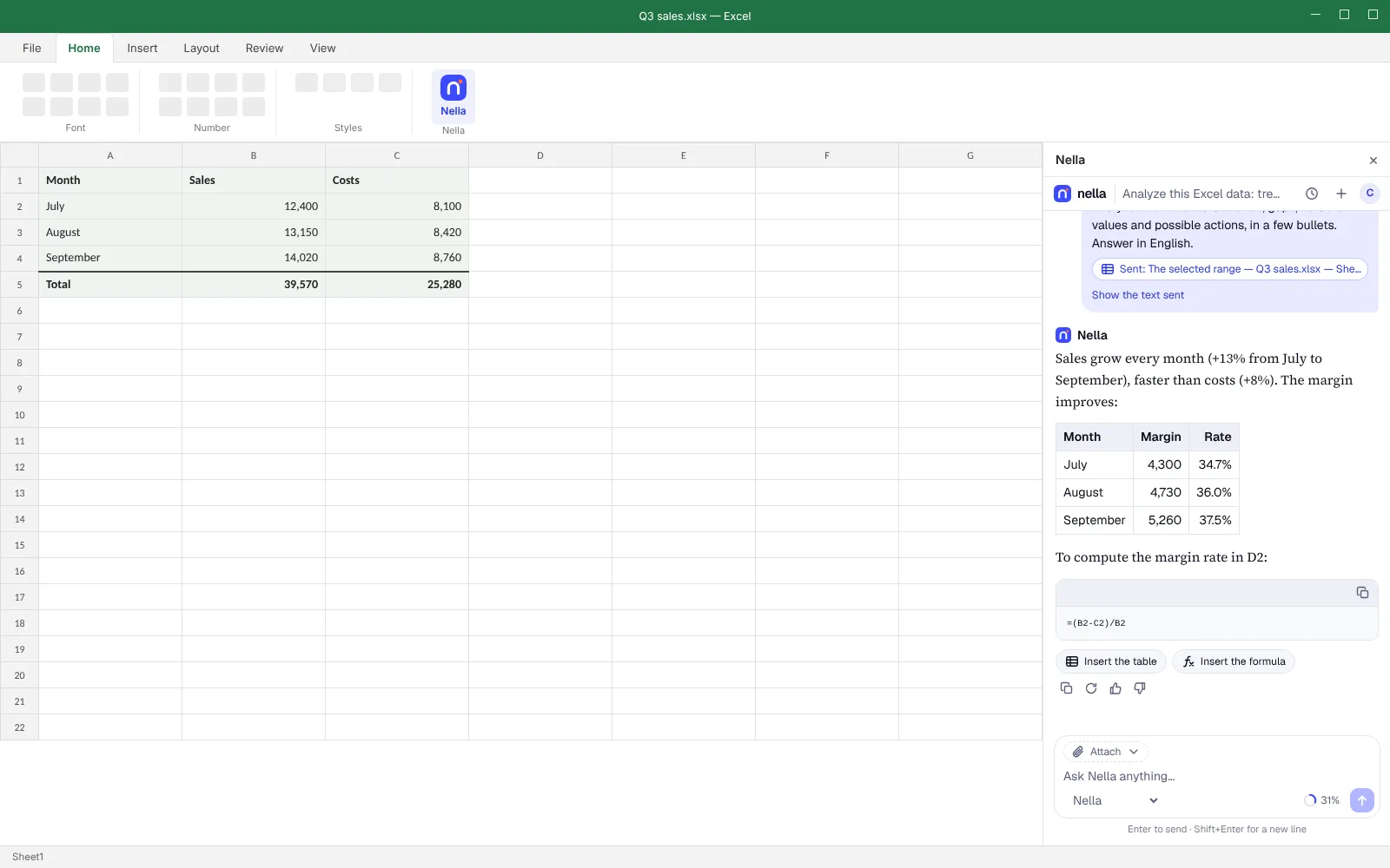 In Excel, Nella suggests a table and a formula, with the Insert the table and Insert the formula buttons.