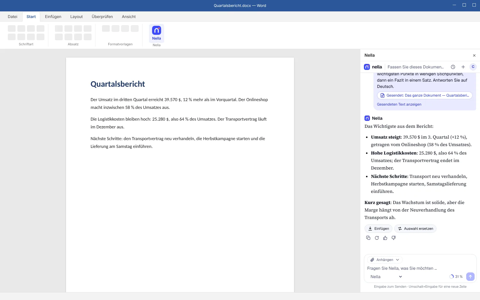 Nella für Microsoft Office: Nella fasst einen Bericht im Aufgabenbereich zusammen, neben dem Word-Dokument.