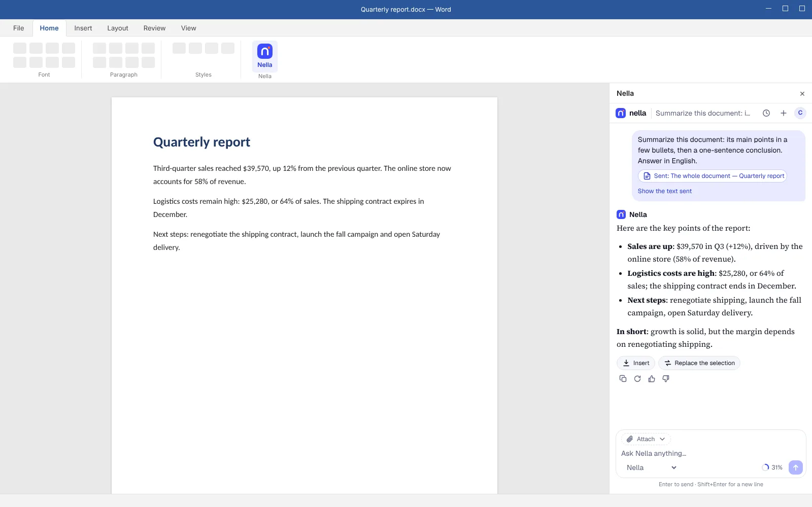Nella for Microsoft Office: Nella summarizes a report in the pane, next to the Word document.